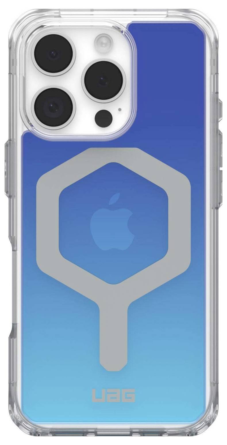 Durchsichtiges Handycase in Blau mit einem silbernen UAG-Logo, gestaltet um ein Smartphone mit drei Kameralinsen.