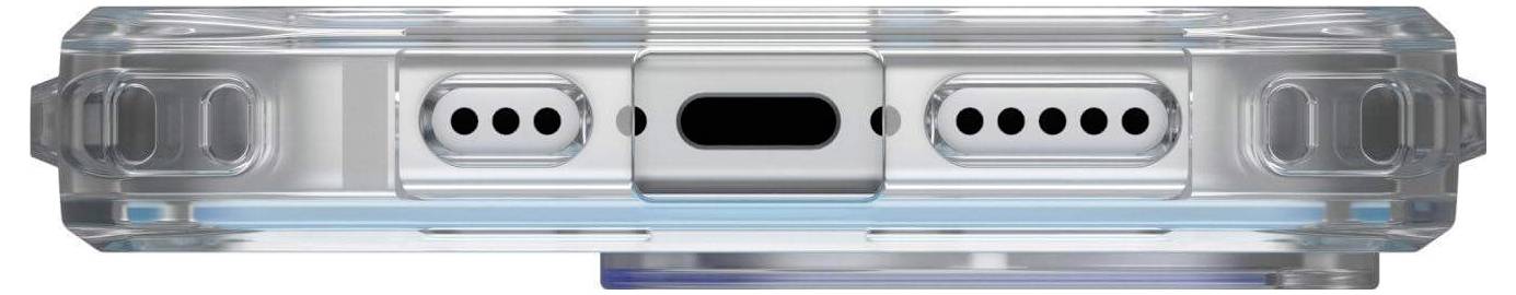 Unterseite eines Smartphones mit durchsichtigem Gehäuse. Sichtbar sind Lautsprecher, Ladeanschluss und runde Schrauben.