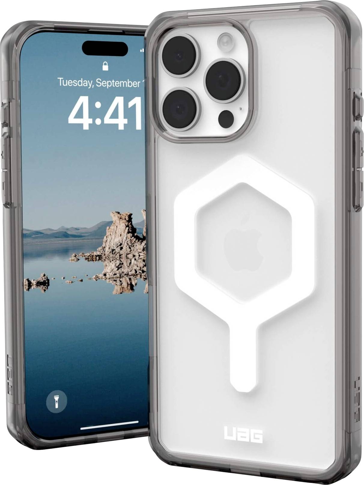 Ein Smartphone mit einer transparenten Schutzhülle. Der Bildschirm zeigt Datum und Uhrzeit 'Dienstag, 12. September, 4:41'.