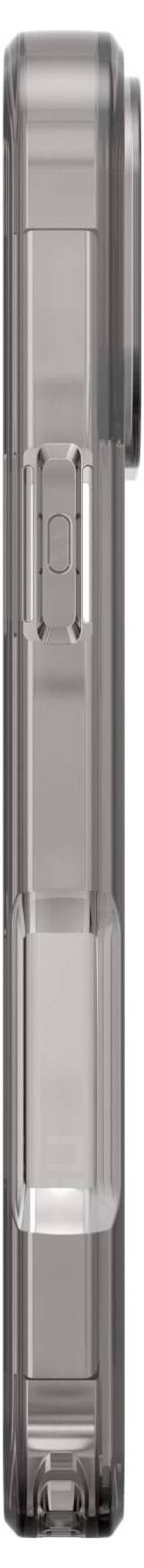 Hülle eines faltbaren Smartphones in grauer Farbe, geschlossen in seitlicher Ansicht, zeigt Scharnier und Knöpfe.