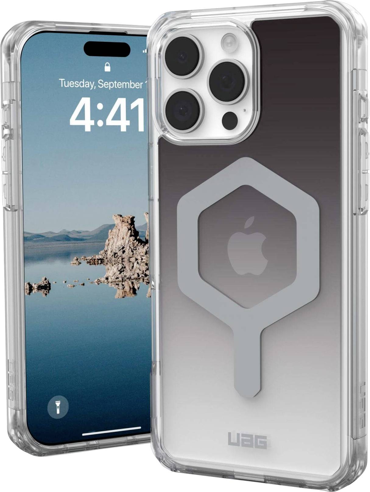 Abbildung eines Smartphones mit einer transparenten Schutzhülle. Das Display zeigt Datum und Uhrzeit: Dienstag, 19. September, 4:41.