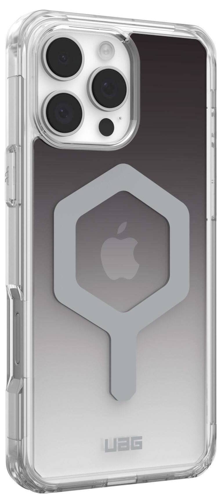 Ein Smartphone mit einer transparenten Schutzhülle, die das Apple-Logo auf der Rückseite zeigt.
