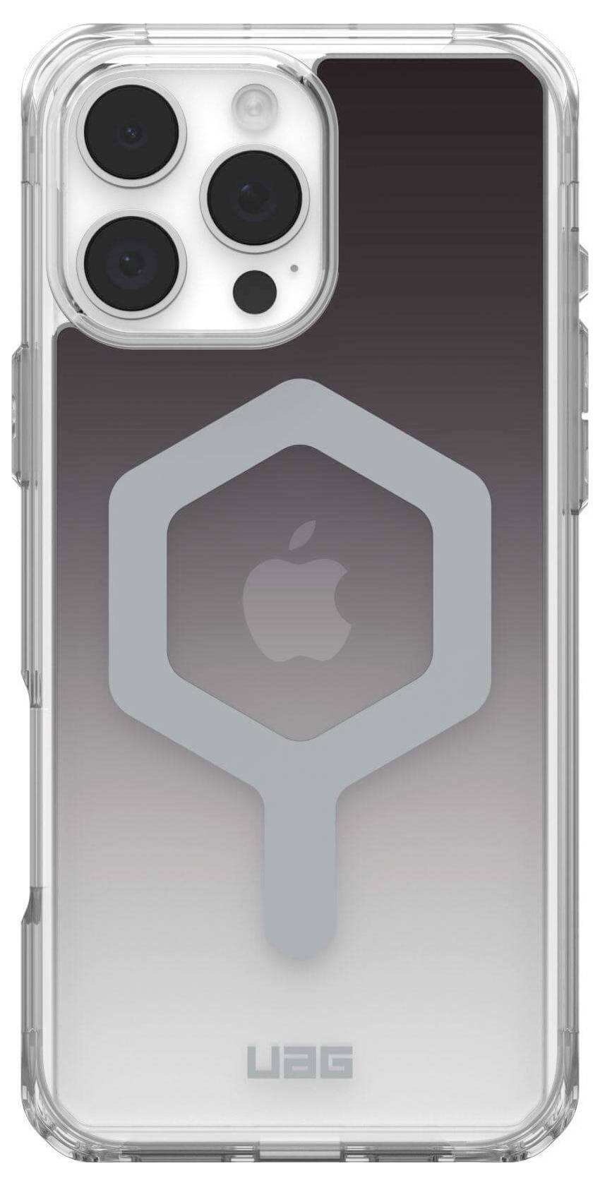 Handy mit klarer Hülle, dreifache Kamera. Auf der Hülle ein graues Logo ähnlich einem Sechseck; Apple-Logo sichtbar.