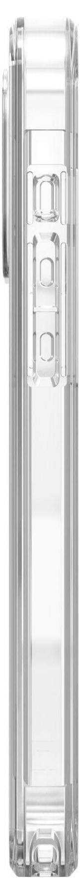 Transparente Handyhülle, hochkant fotografiert mit abgeschrägten Rändern und Ausschnitten für Anschlüsse und Kamera.