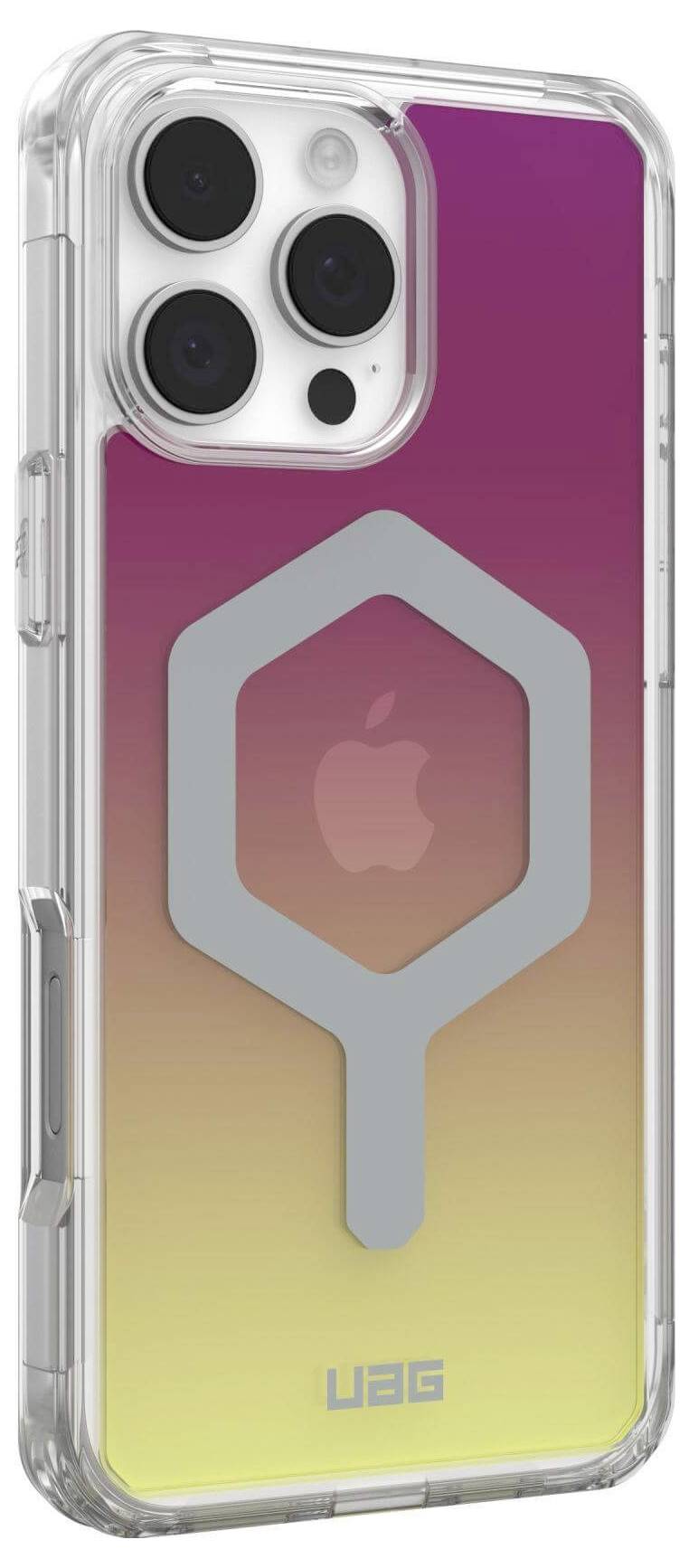 Schutzhülle für ein Smartphone mit einem pink-gelb verlaufendem Design und einem transparenten Gehäuse.