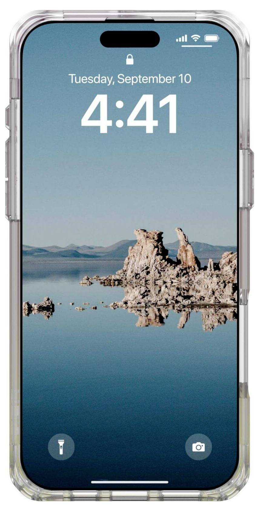 Smartphone mit Sperrbildschirm, zeigt Datum 'Dienstag, 10. September' und Uhrzeit '4:41'. Hintergrund: See mit Felsen und klarem Himmel.