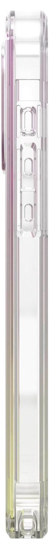 Durchsichtige Smartphone-Hülle mit rosa und gelbem Farbverlauf an den Ecken, von der Seite betrachtet.