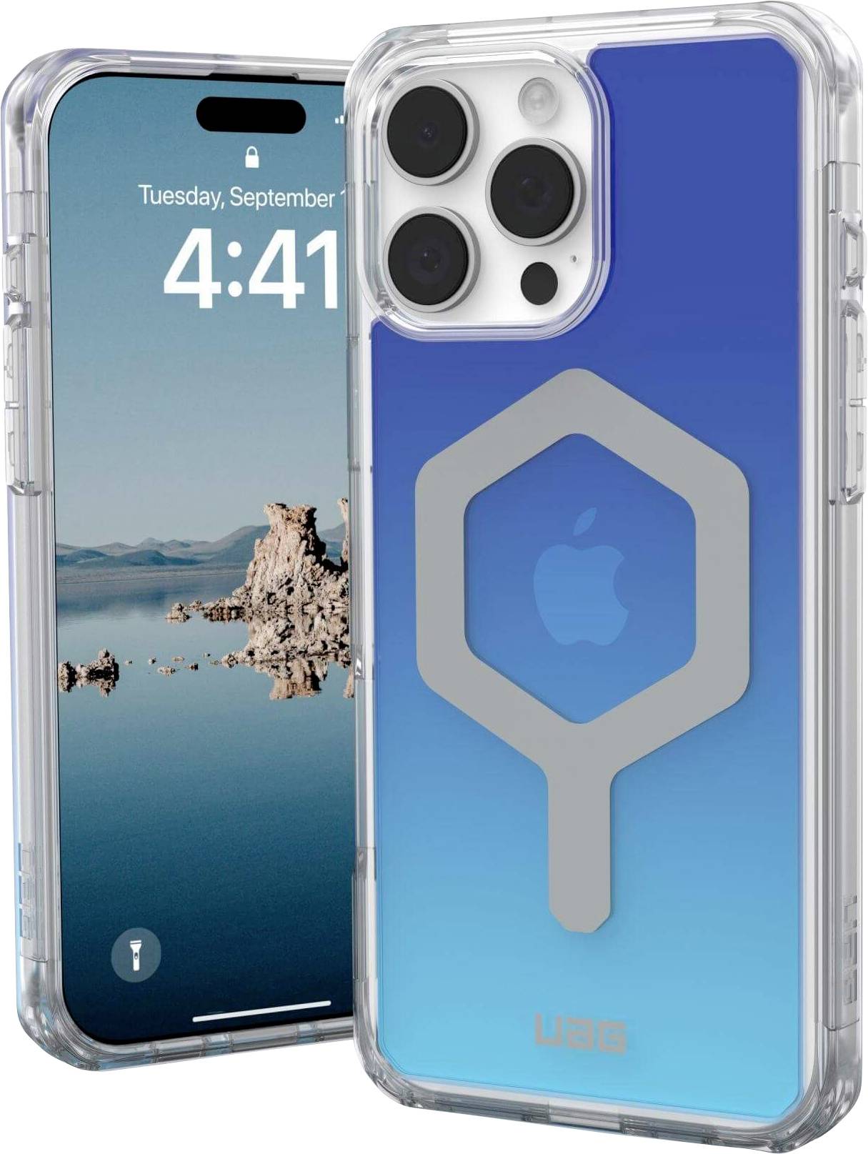 Smartphone mit transparentem Schutzcase, blauem Hintergrund und grauem Emblem. Auf dem Display: Datum 'Dienstag, 19. September' und Uhrzeit '4:41'. Rockszenen im Hintergrund.