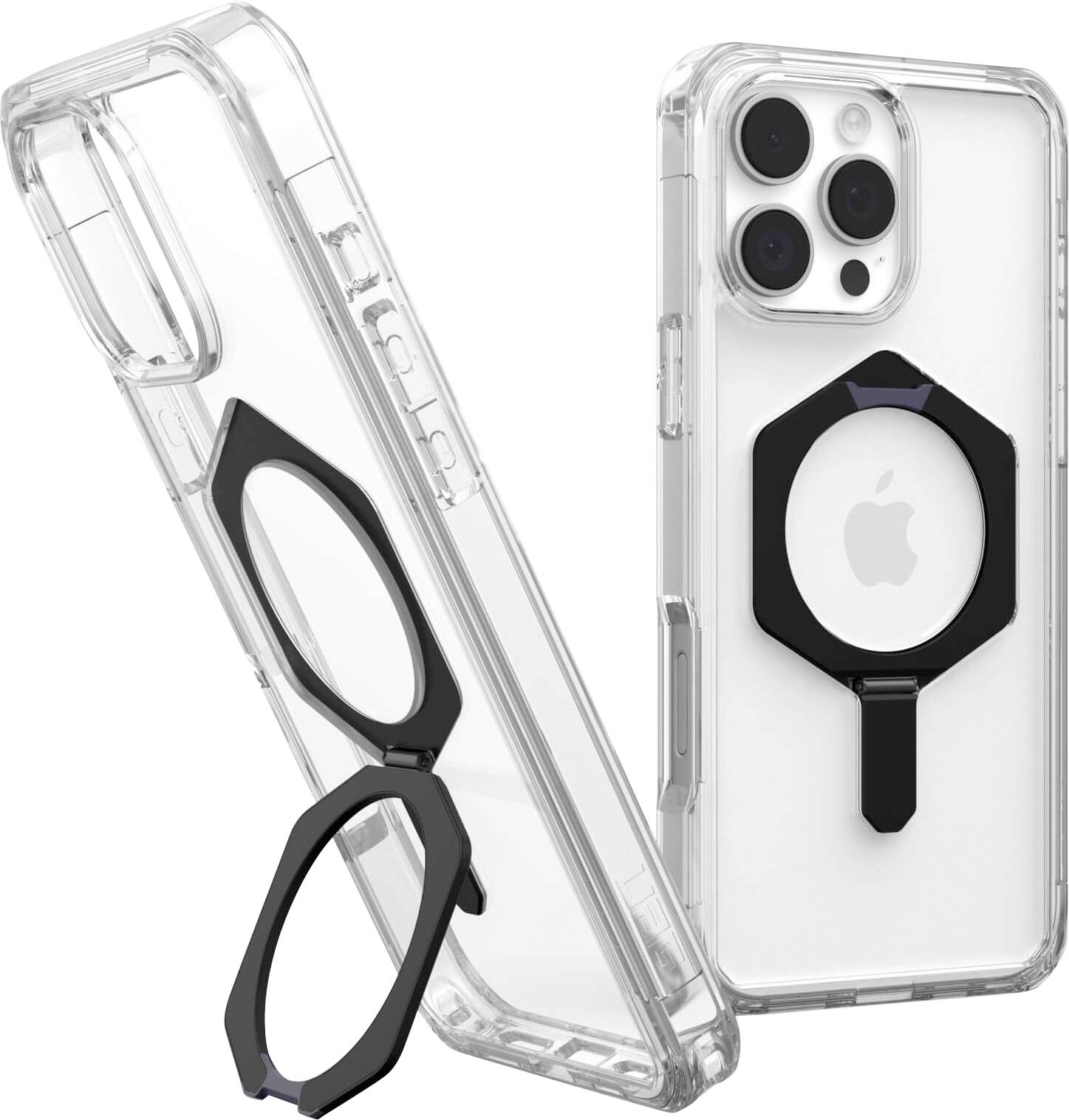 Transparente Handyhülle mit schwarzem Ringhalter auf der Rückseite, der als Ständer dient. Geeignet für ein Smartphone mit drei Kameralinsen.