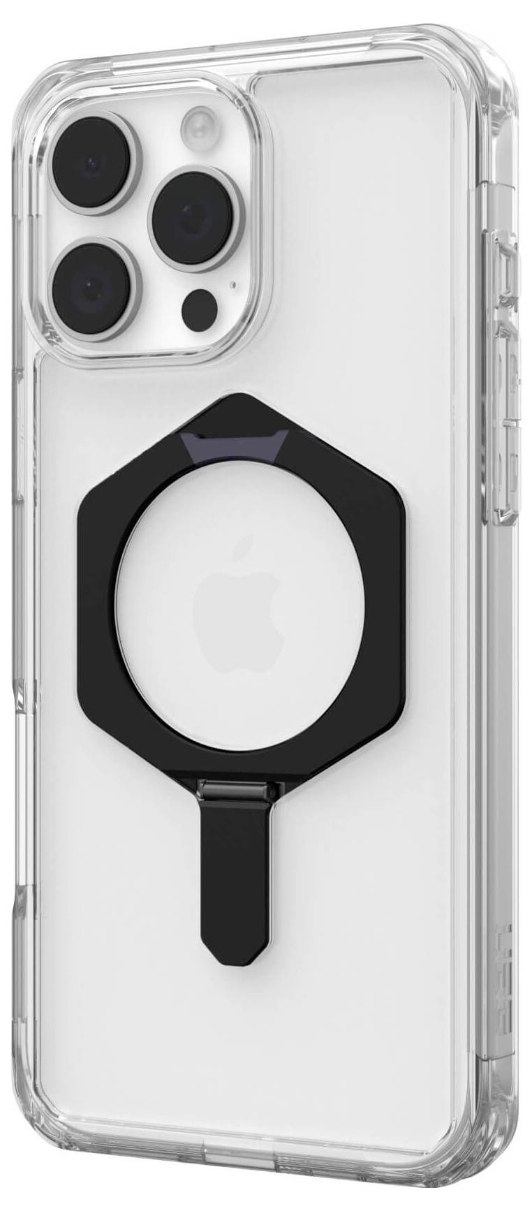 Smartphone mit transparenter Hülle, schwarzer runder Halterung und drei Kameras auf der Rückseite.