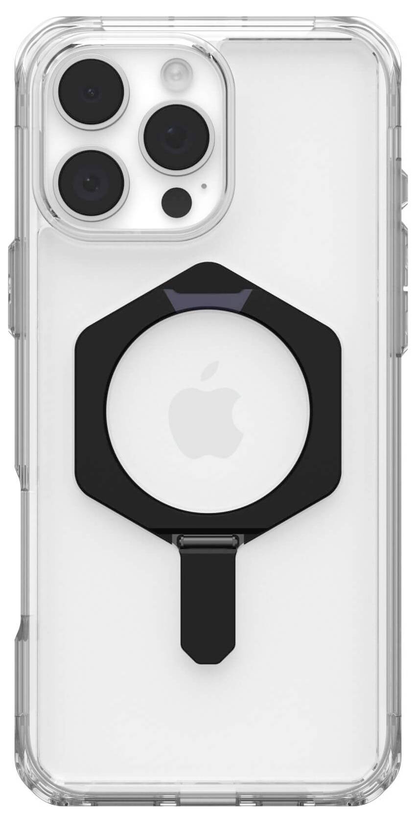 Durchsichtige Handyhülle mit schwarzem MagSafe-Halter, Rückseite eines modernen Smartphones sichtbar.