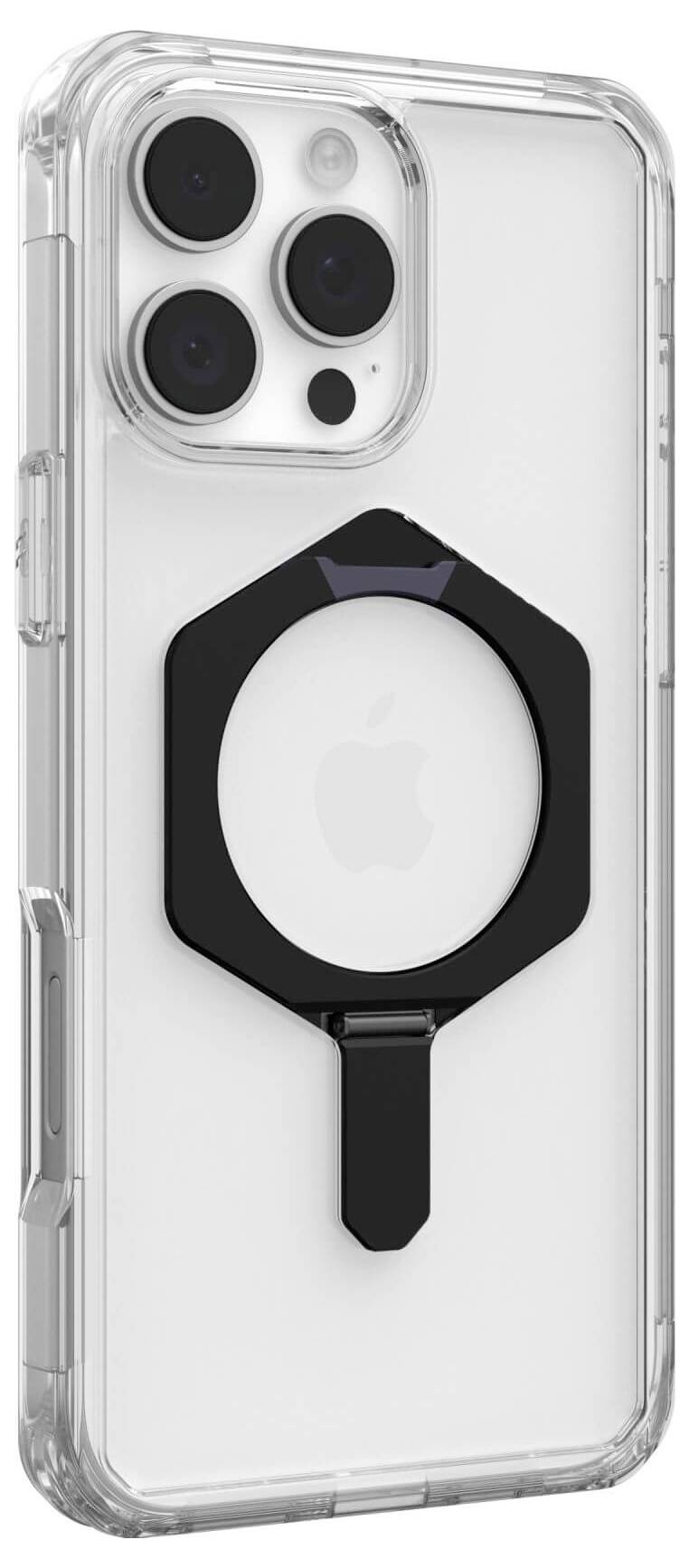 Transparente Handyhülle mit schwarzem, achteckigem Magnetring. Rückseite eines Smartphones sichtbar.