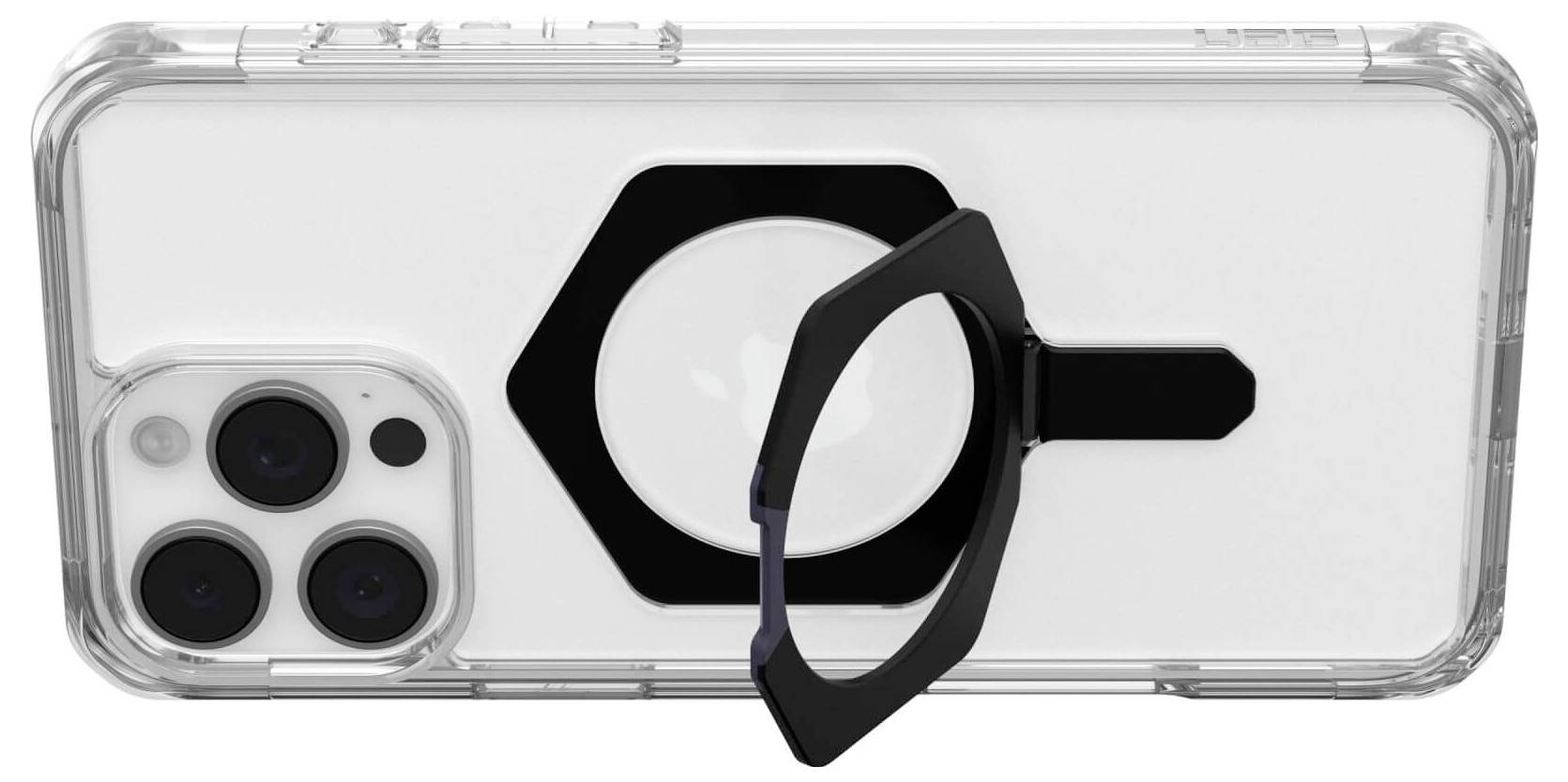 Durchsichtige Handyhülle mit schwarzem Ringhalter auf der Rückseite eines Smartphones mit drei Kameralinsen.