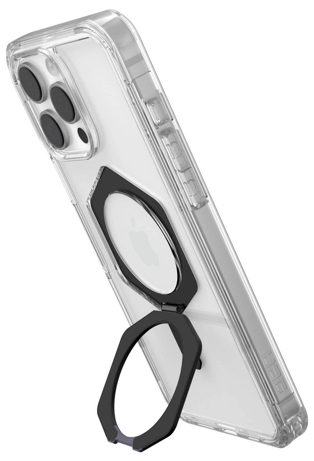Durchsichtige Smartphone-Hülle mit schwarzem, klappbarem Ständer auf der Rückseite für einen schrägen Betrachtungswinkel.