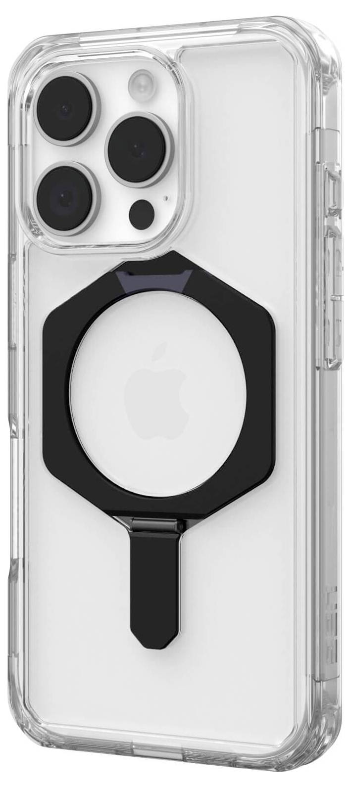 Ein durchsichtiges Handyhülle mit einem schwarzen Ring auf der Rückseite; die Kamera des Smartphones ist sichtbar.