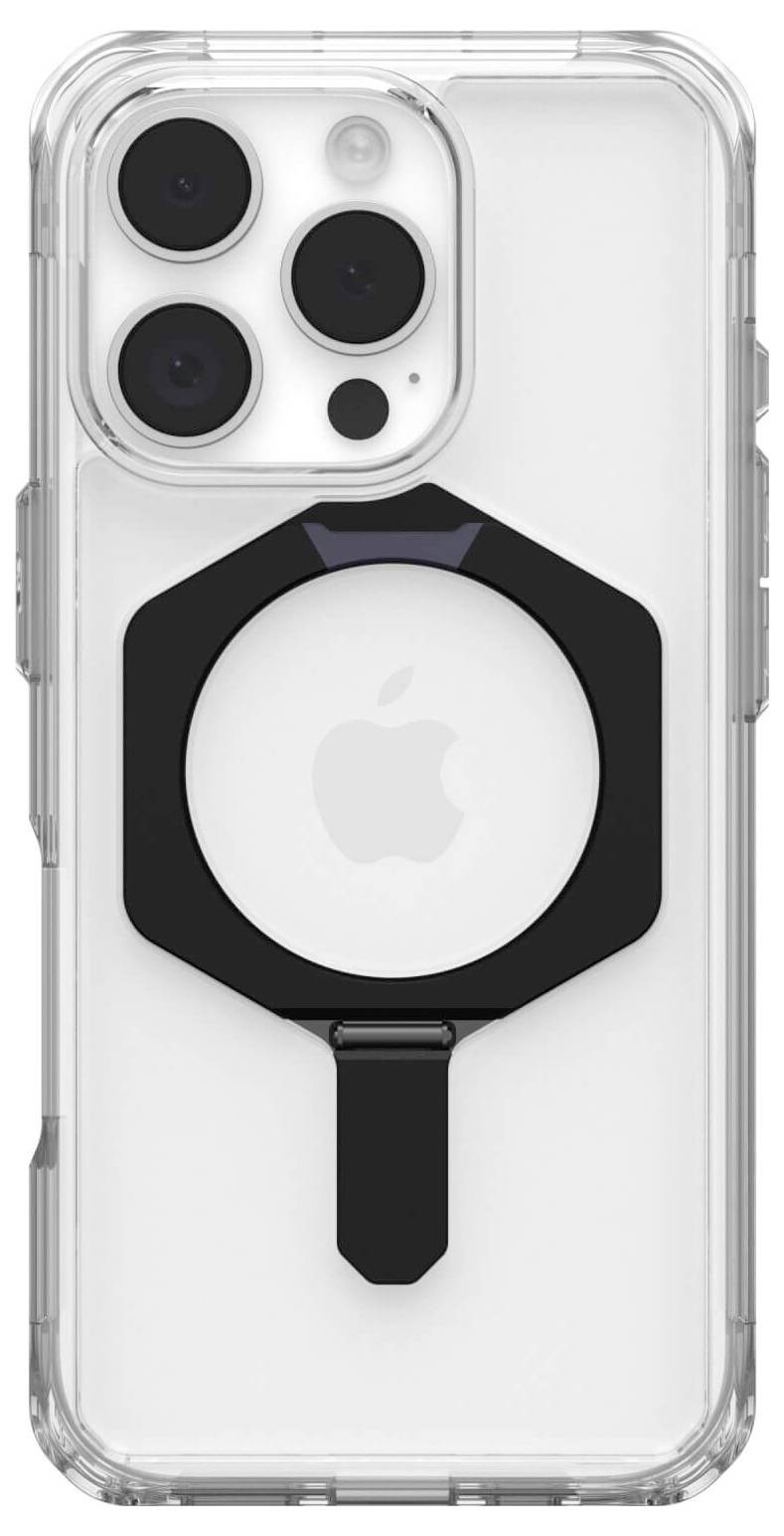 Transparente Handyhülle mit schwarzem MagSafe-Zubehör auf einem Smartphone. Drei Kameralinsen und das Apple-Logo sind sichtbar.