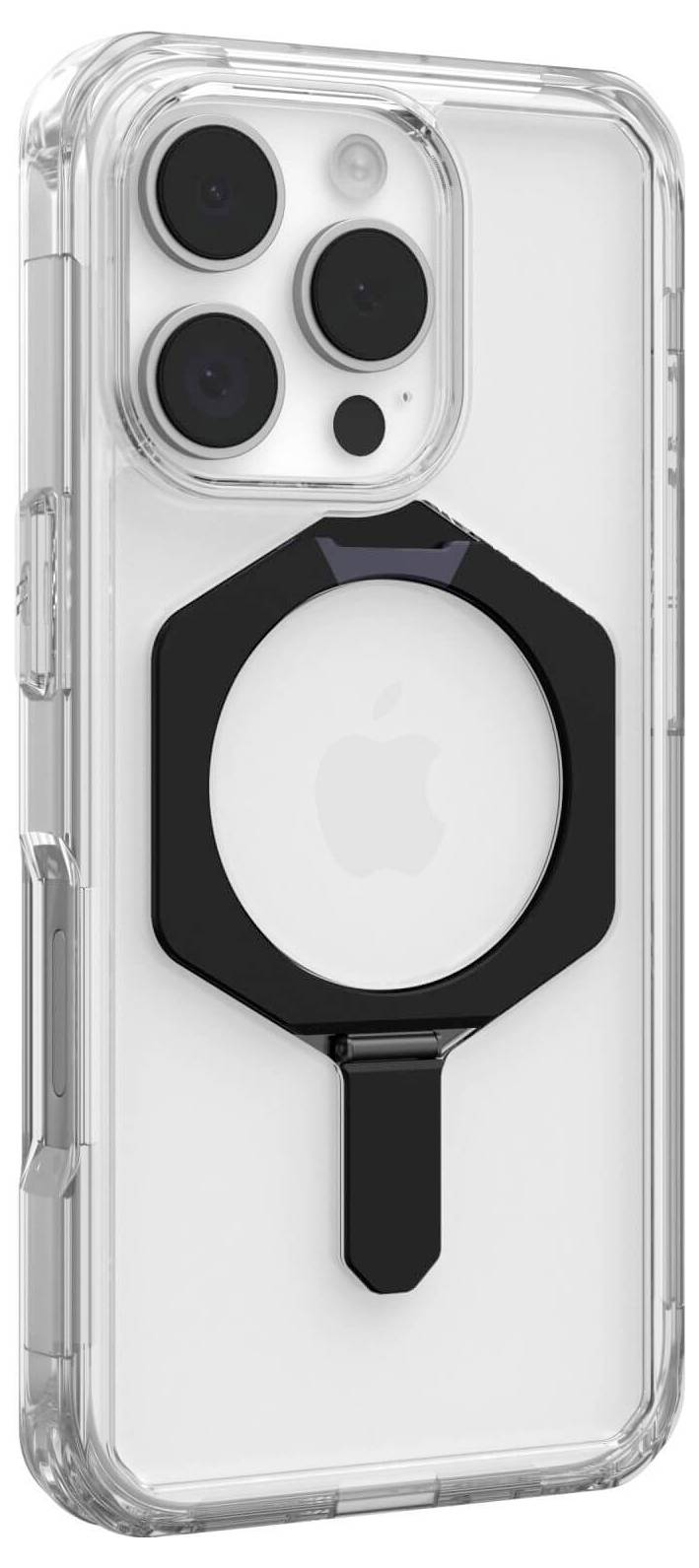 Ein iPhone in einer transparenten Schutzhülle mit schwarzem Halterungsring auf der Rückseite.