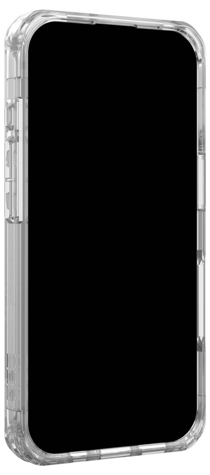 Ein Smartphone mit schwarzem Bildschirm, in einer durchsichtigen Schutzhülle.