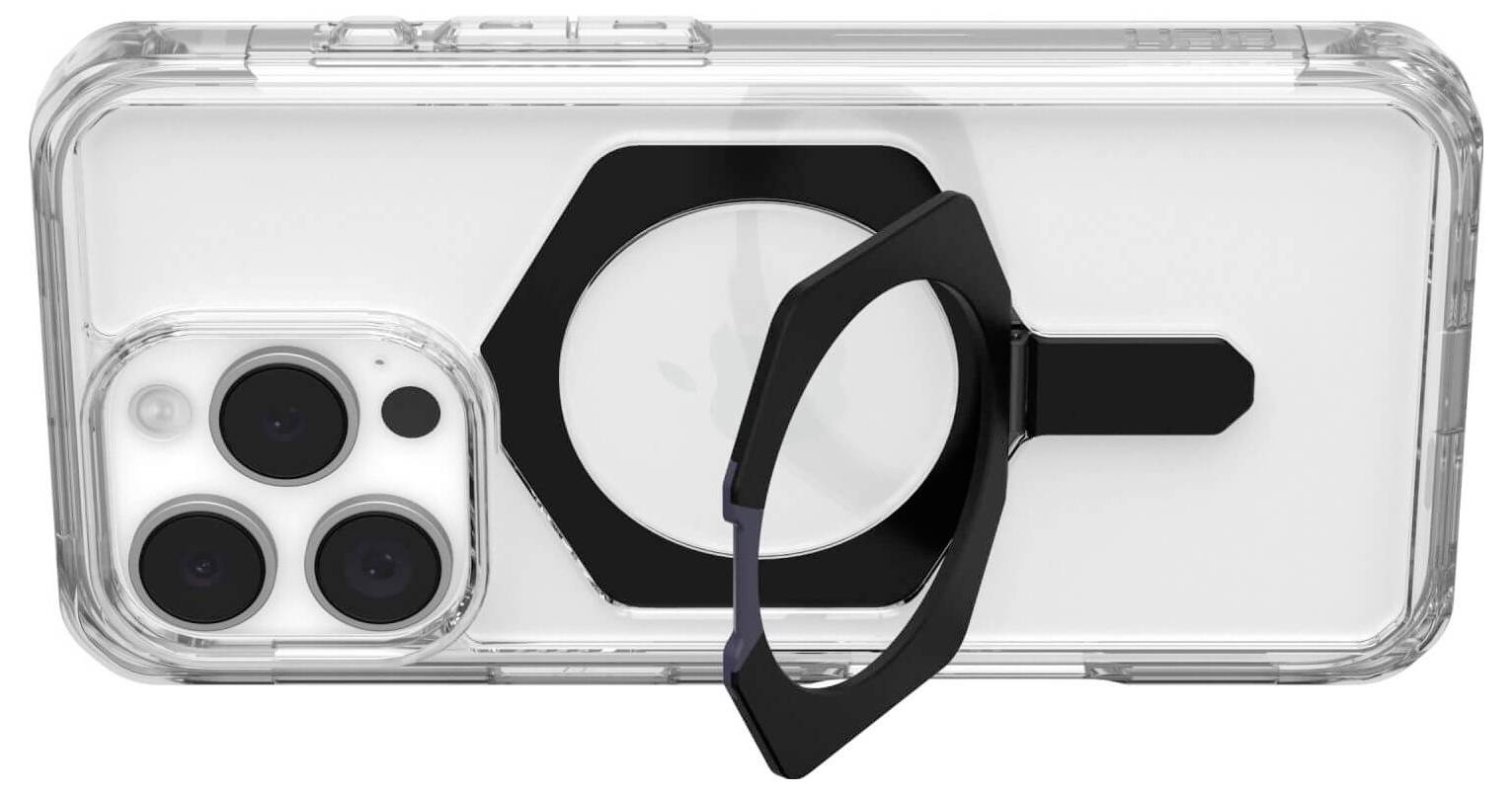 Klares Smartphone-Case mit schwarzem Ringhalter auf der Rückseite, zeigt Kameraausschnitte und erhöhten Schutzrand.