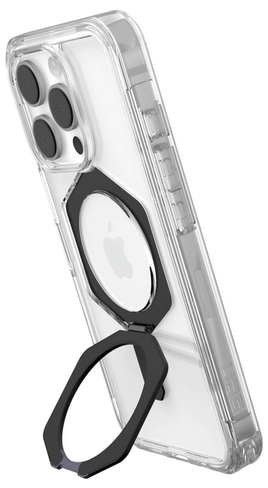 Ein Mobiltelefon mit transparenter Schutzhülle und schwarzem, sechseckigem Magnetring auf der Rückseite.