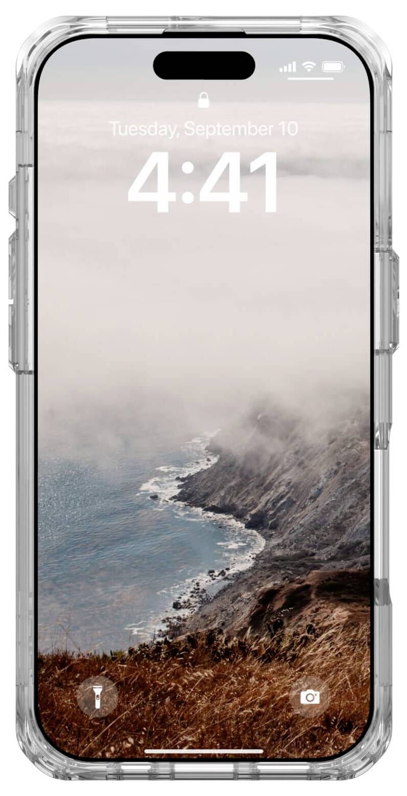 Ein Smartphone zeigt den Sperrbildschirm mit Uhrzeit 4:41 und Datum 'Dienstag, 10. September'. Hintergrund: Neblige Küste.