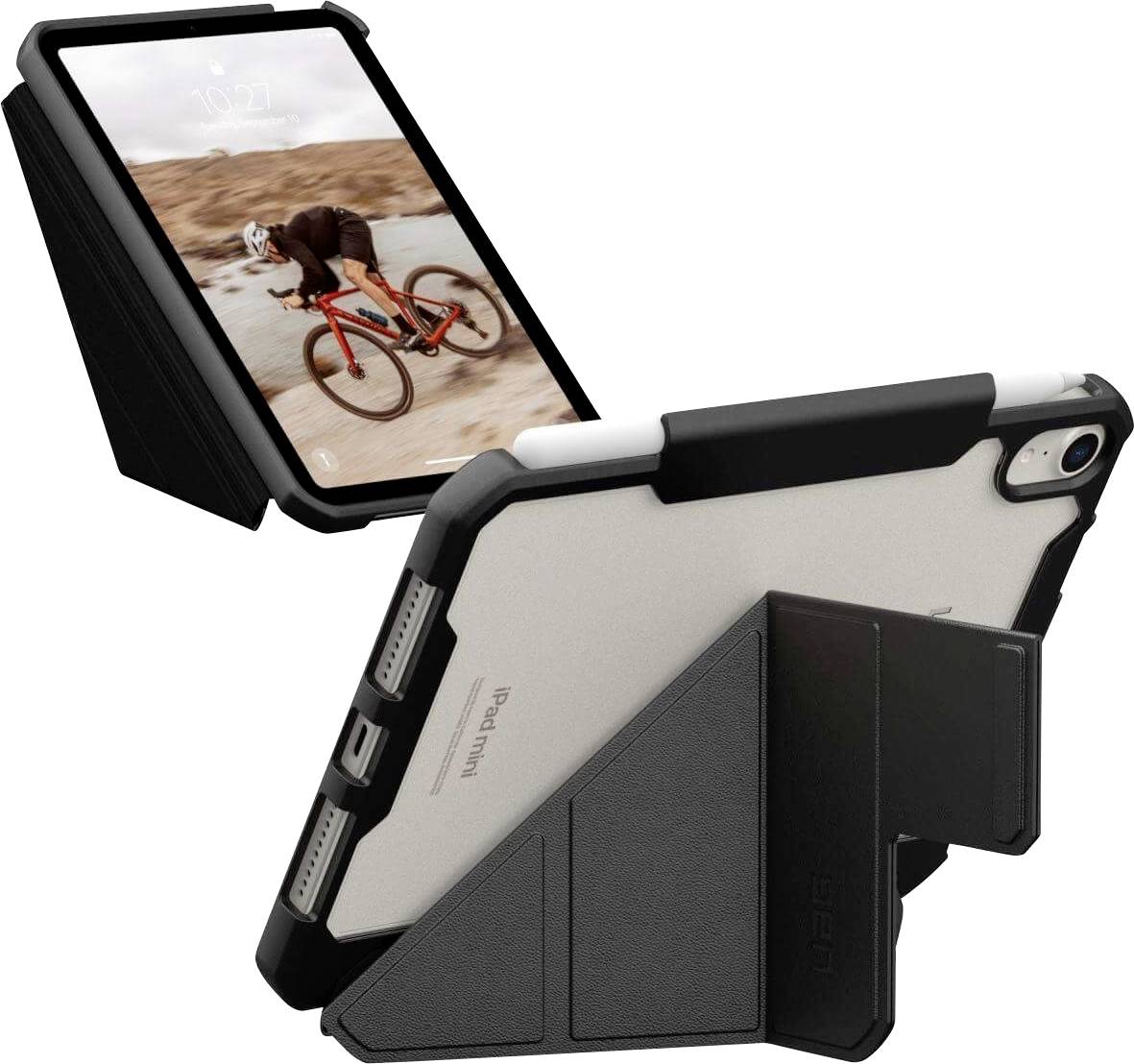 Ein Tablet in einer schwarzen Schutzhülle wird in zwei Positionen gezeigt: stehend und seitlich geneigt. Auf dem Bildschirm ist ein Radfahrer zu sehen.