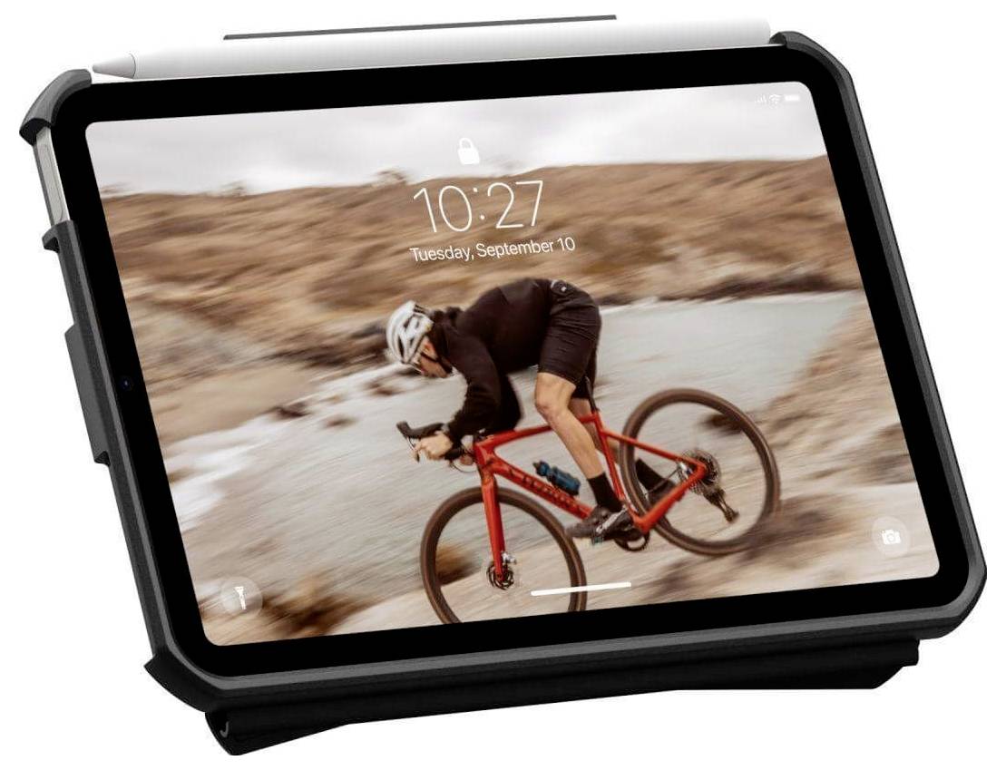 Tablet zeigt Foto eines Radfahrers auf einem Kiesweg in der Natur. Der Bildschirm zeigt Datum und Uhrzeit, es ist der 10. September.