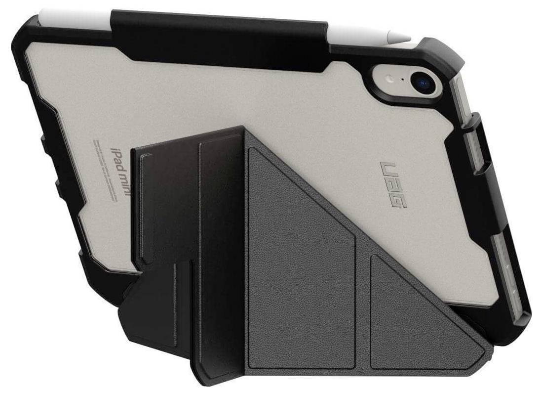 Robuste schwarze Tablet-Hülle mit Klappständer, schützend und stabil. Tablet ist teilweise sichtbar, Rückseite zeigt Kamera.