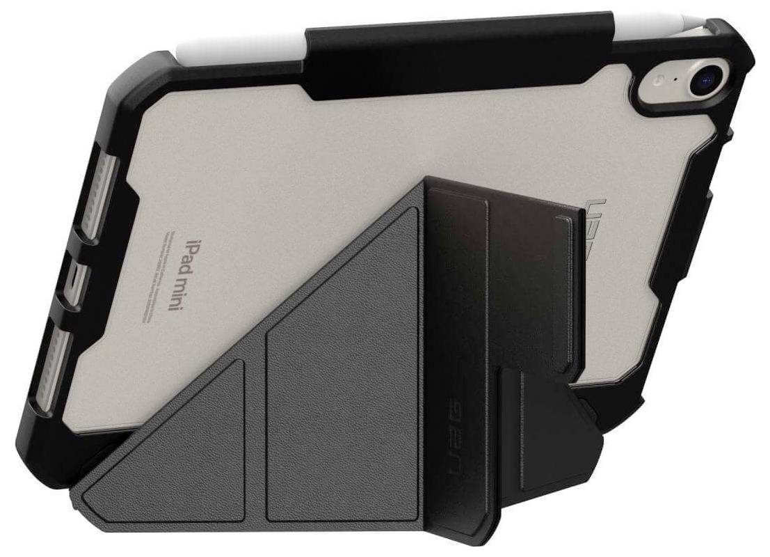 Schutzhülle für ein iPad Mini in Schwarz und Grau mit integriertem Ständer, bietet robuste Ecken und einen stabilen Halt für das Gerät.