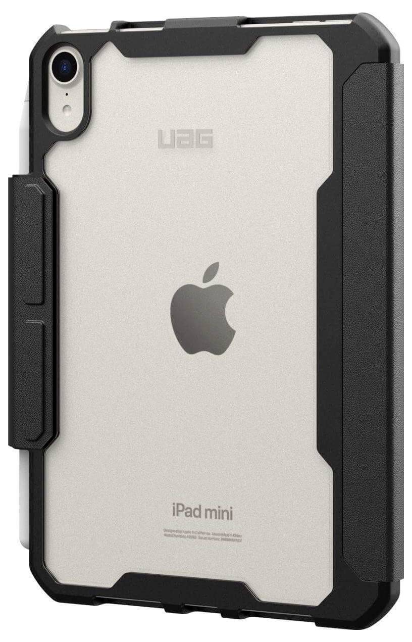 Schwarzes, robustes UAG-Case schützt ein iPad Mini und zeigt das Apple-Logo.