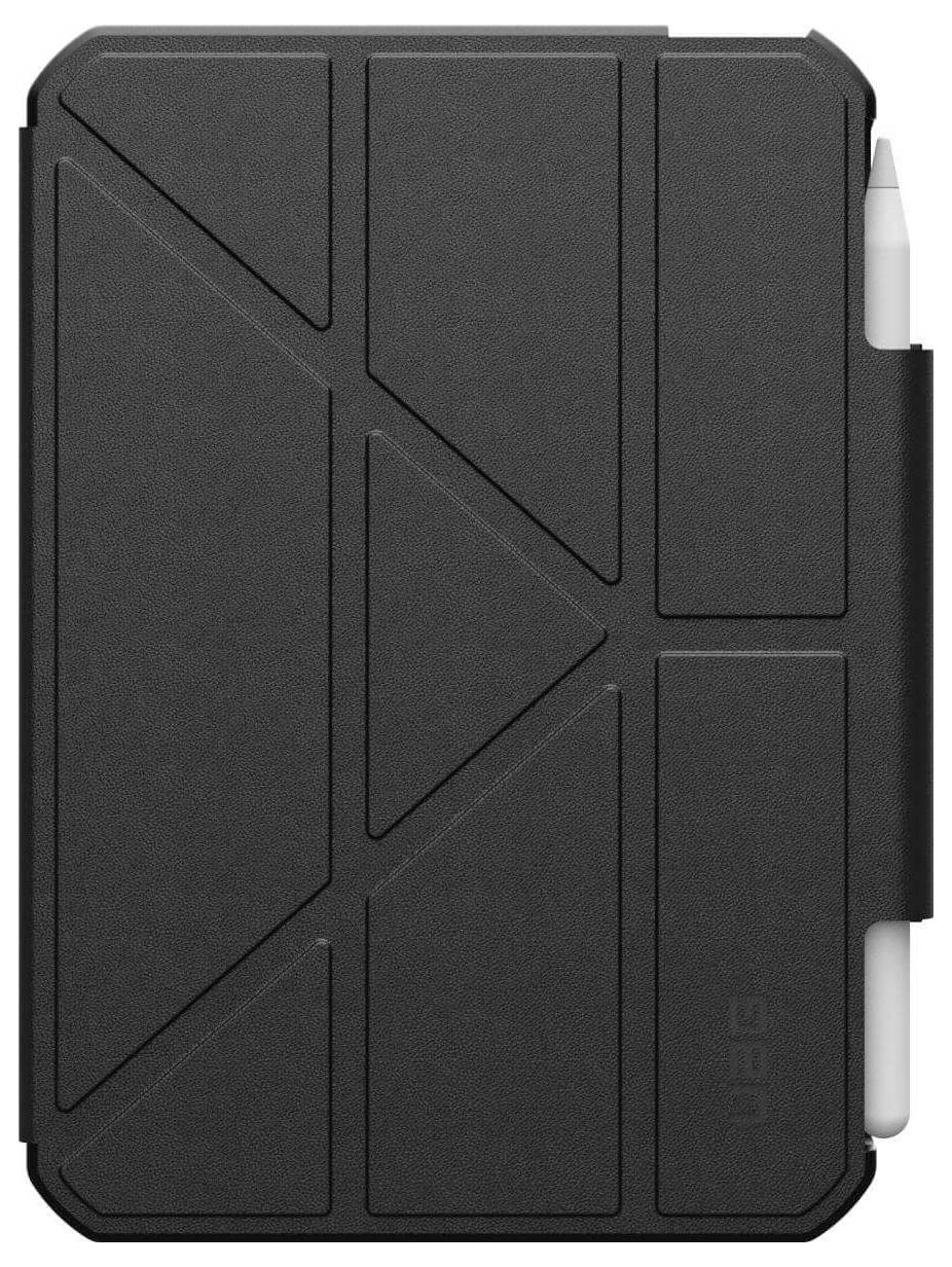 Schwarzes iPad-Case mit geometrischem Muster, vertikale Halterung für einen Stift an der Seite.