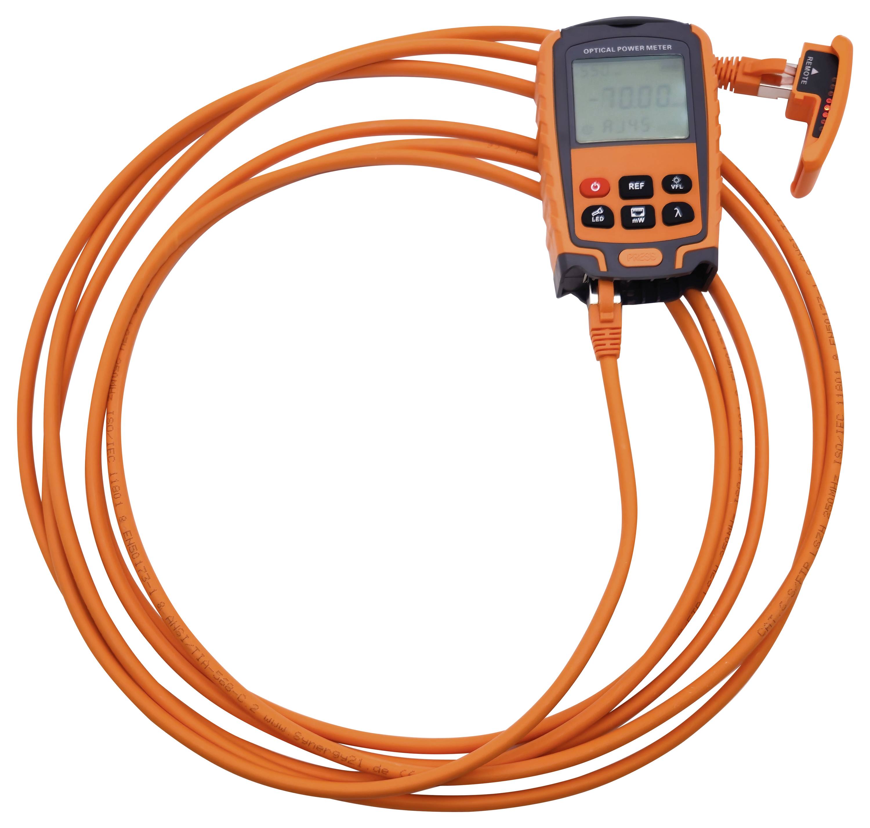 Ein optisches Leistungsmessgerät mit leuchtend orangefarbenem Kabel, digitalem Display und Bedientasten.