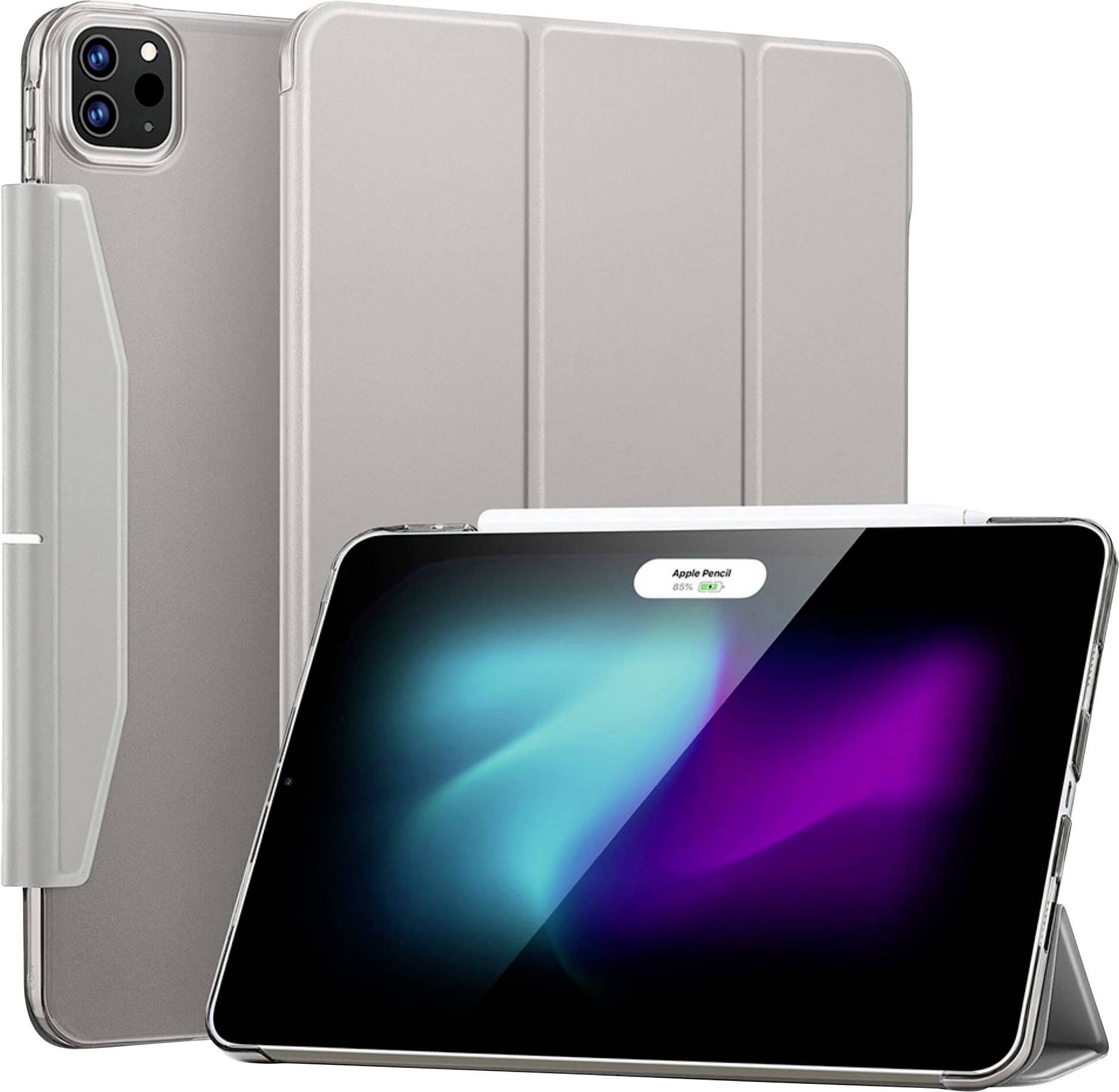 Ein Tablet mit Hülle, stehend und liegend dargestellt. Der Bildschirm zeigt eine leuchtende, verschwommene Grafik. Ein Stift ist oben angebracht.