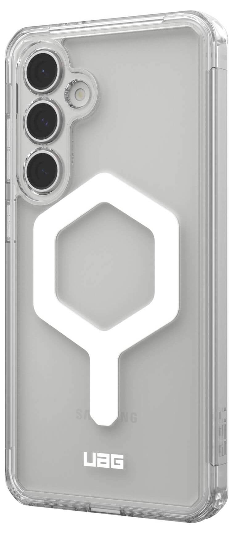 Durchsichtige Smartphonehülle mit drei Kameralöchern und markantem, weißem hexagonalen Design auf der Rückseite, UAG-Logo.