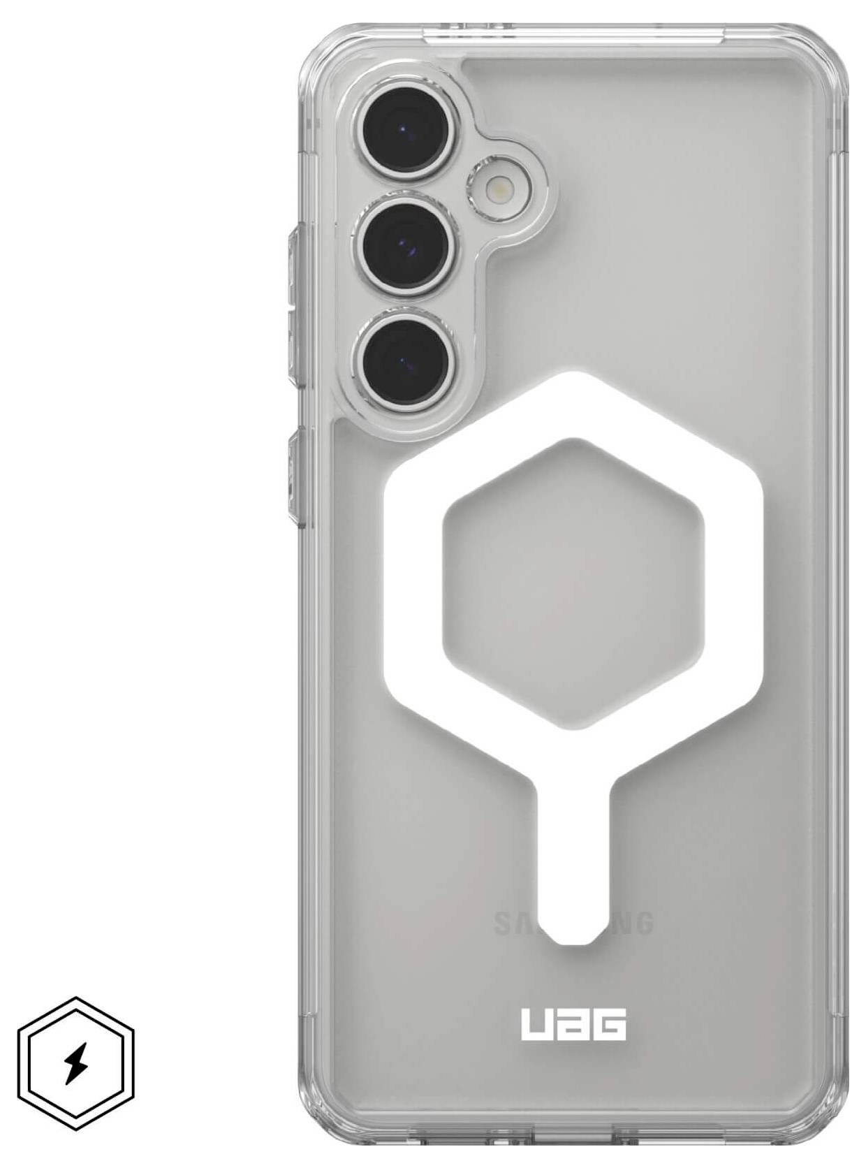 Transparente Smartphone-Hülle mit kreisförmigem Symbol und 'UAG'-Logo, geeignet für ein Samsung-Handy, symbolisiert Schutz.