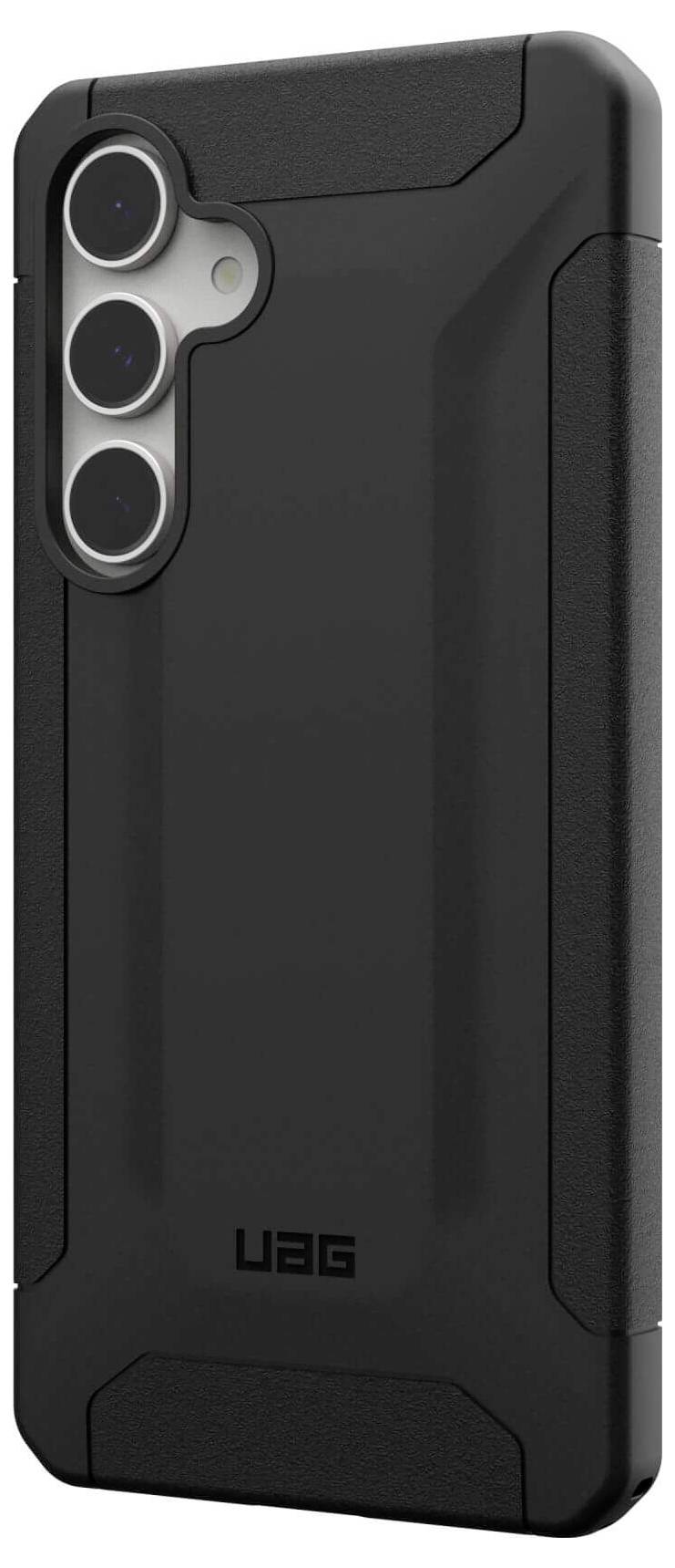 Schwarze Smartphone-Hülle mit starkem, schützendem Design und drei Kameraaussparungen, markiert durch das Logo 'UAG' am unteren Rand.