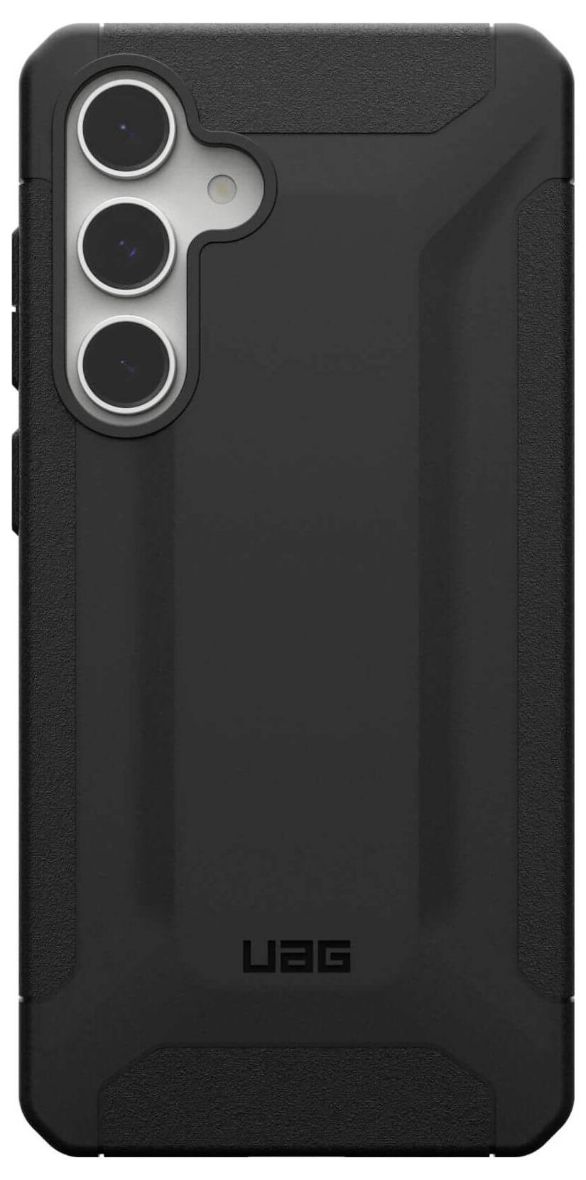 Ein schwarzes, robustes Handyhülle mit drei Kameraausschnitten, Markenlogo unten. Es bietet Schutz für moderne Smartphones.