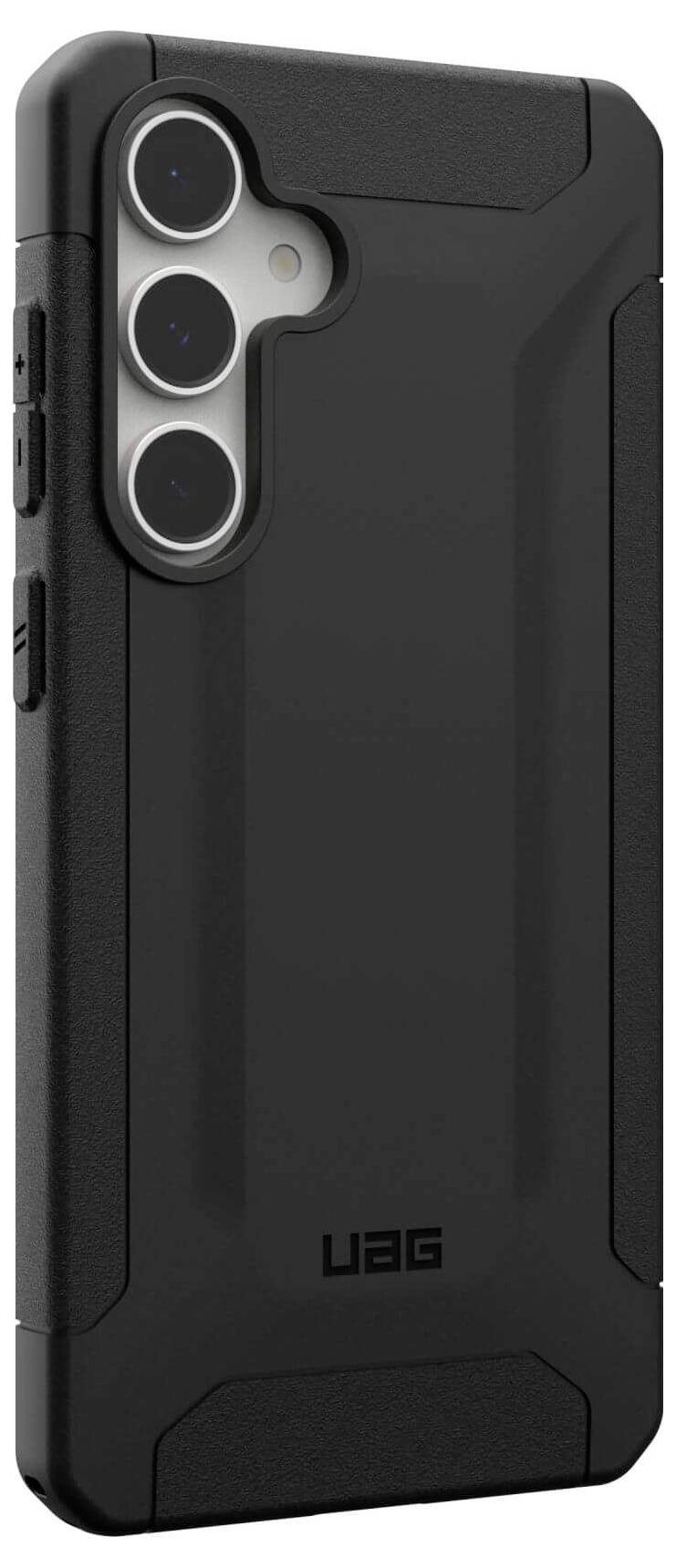 Schwarzes, robustes Smartphone-Case mit drei Kameraausschnitten, bietet Schutz und strukturiertes Design. Marke 'UAG'.