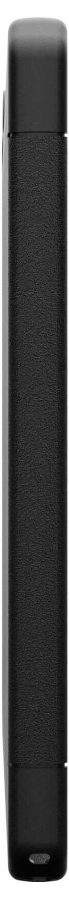 Das Bild zeigt die Seitenansicht eines schwarzen, schlanken Geräts, möglicherweise ein elektronisches Gerät, wie ein Mobiltelefon.
