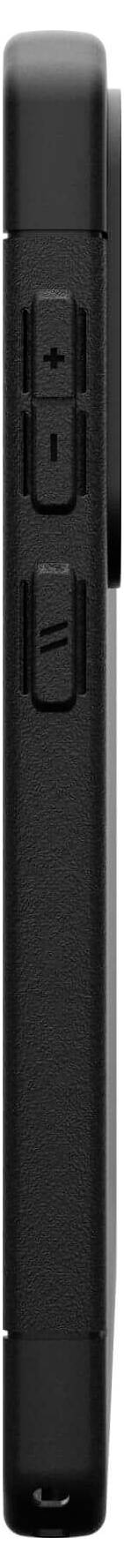 Eine schwarze Fernbedienung mit schmalem Profil, mit zwei sichtbaren Tasten auf der Seite.