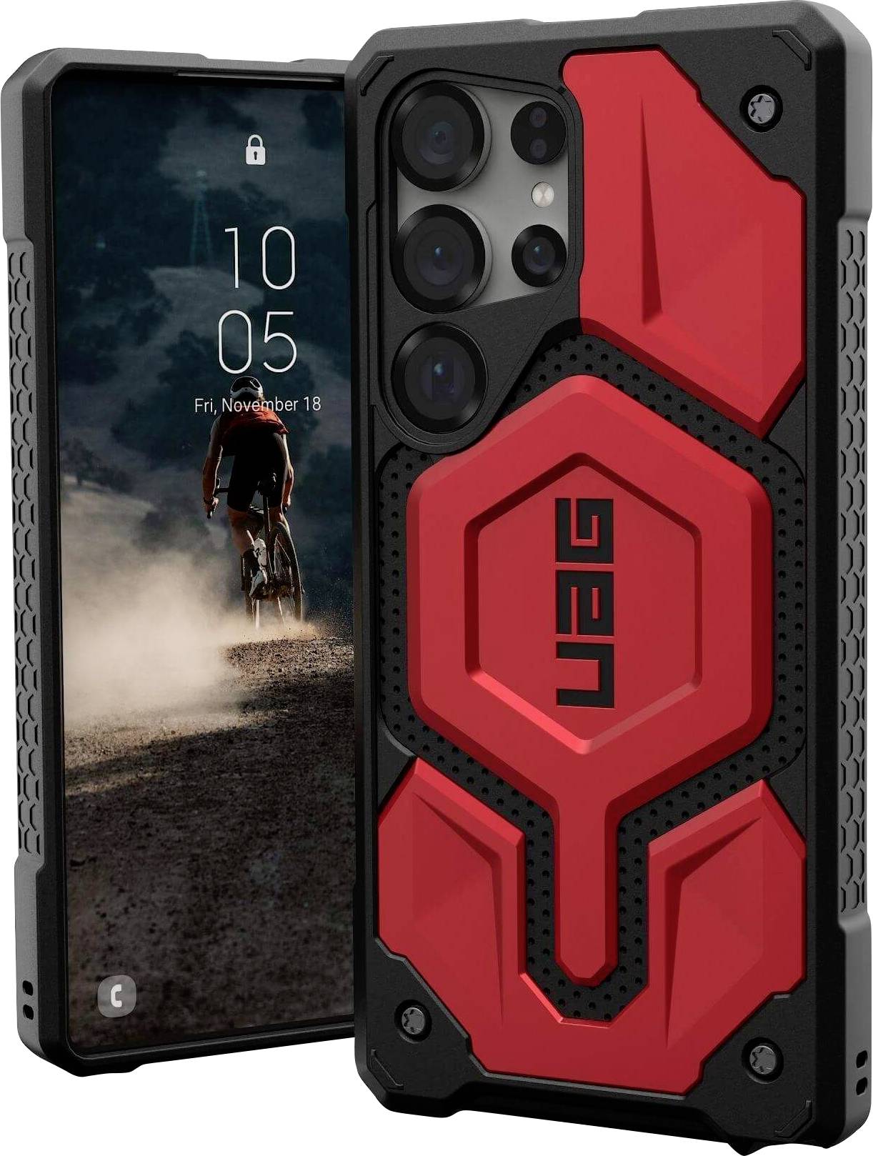 Ein Smartphone mit robustem, rot-schwarzem Schutzgehäuse wird gezeigt. Der Bildschirm zeigt einen Radfahrer auf einem staubigen Weg.