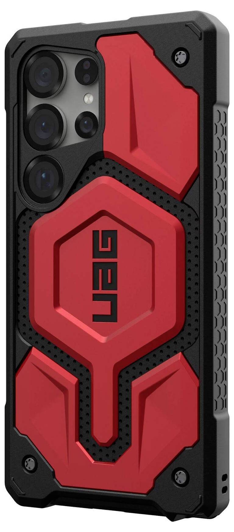 Rote, robuste Handyhülle mit strukturiertem Design und schwarzen Akzenten. Geeignet für Schutz und Stil. Markenlogo 'UAG' sichtbar.