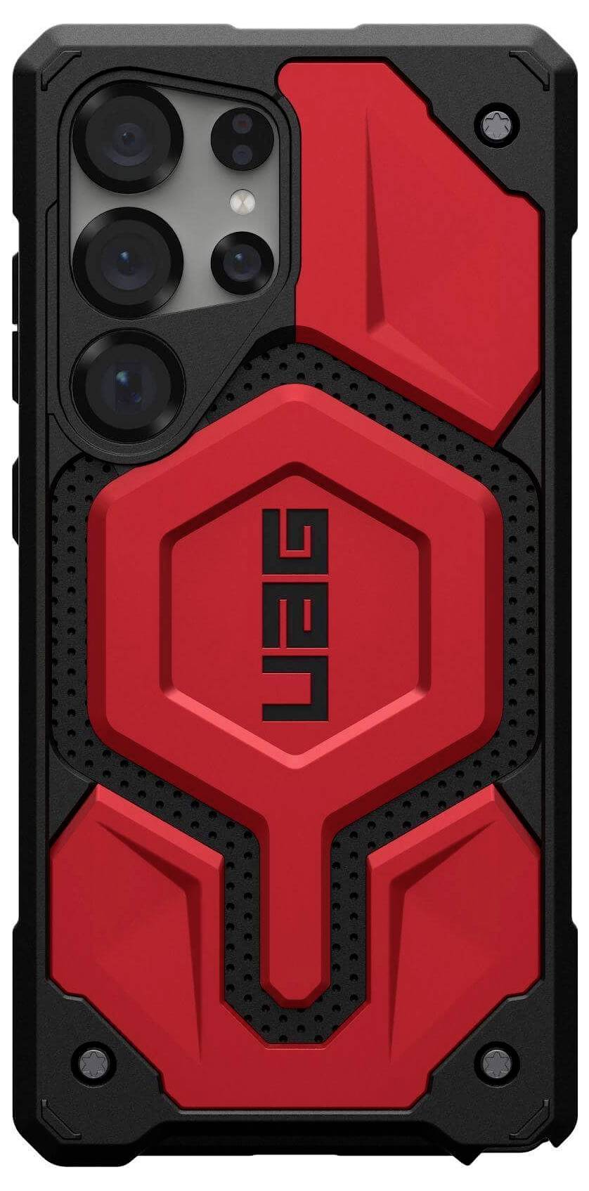 Schwarzes und rotes Smartphone-Case mit geometrischem Design und mehreren Kameralinsen. Markenlogo in der Mitte.