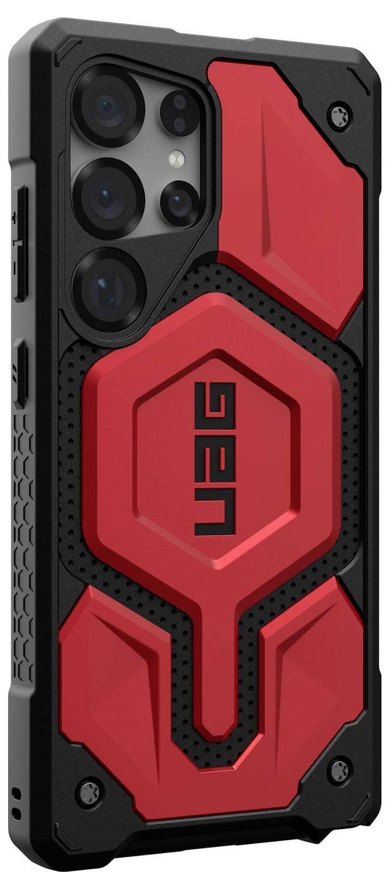 Handy mit roter, robuster Schutzhülle. Auffälliges, mechanisches Design und Betonung auf Stoßfestigkeit.