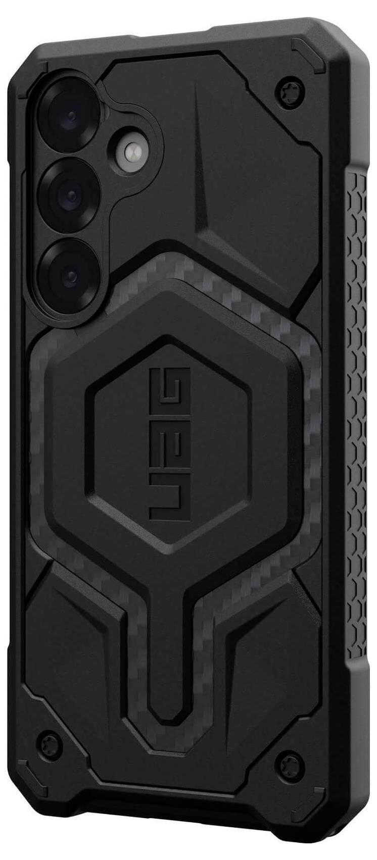 Schwarze robuste Handyhülle mit geometrischem Design und 'UAG' Logo, an einem Smartphone befestigt, bietet erhöhten Schutz.
