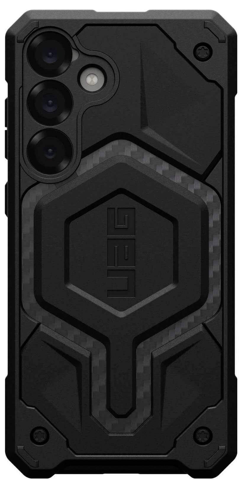 Ein robustes, schwarzes Handy-Case mit geometrischem Muster und drei Kameralöchern.