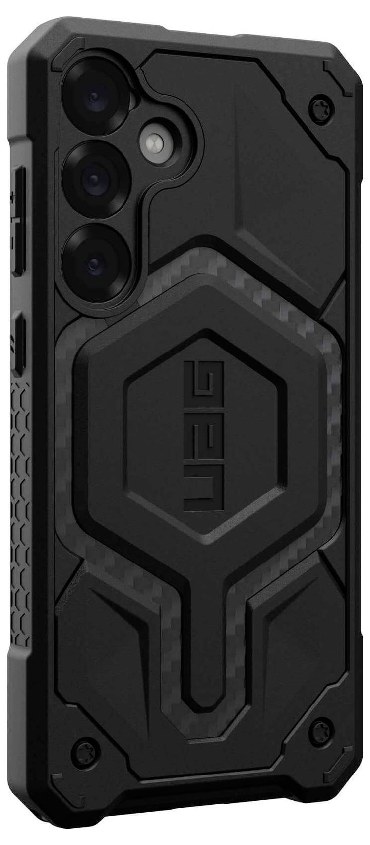 Schwarze, robuste Smartphone-Hülle mit hexagonalem Muster und Aussparungen für Kamera und Tasten.