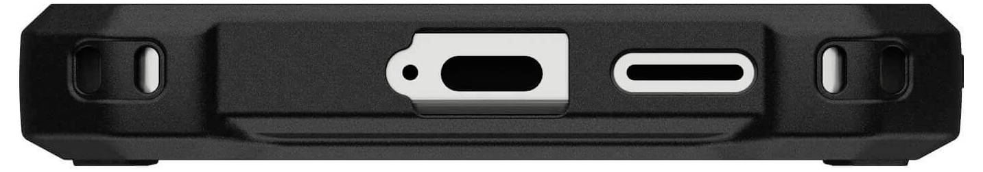 Das Bild zeigt die Unterseite eines schwarzen Geräts mit Anschlussöffnungen für USB und Audiokabel.