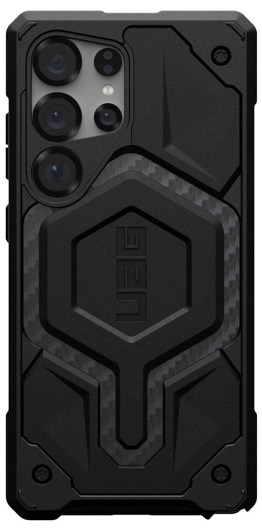 Schwarze, robuste Handyhülle mit strukturiertem Design und Markenlogo, verstärkte Ecken für erweiterten Schutz.