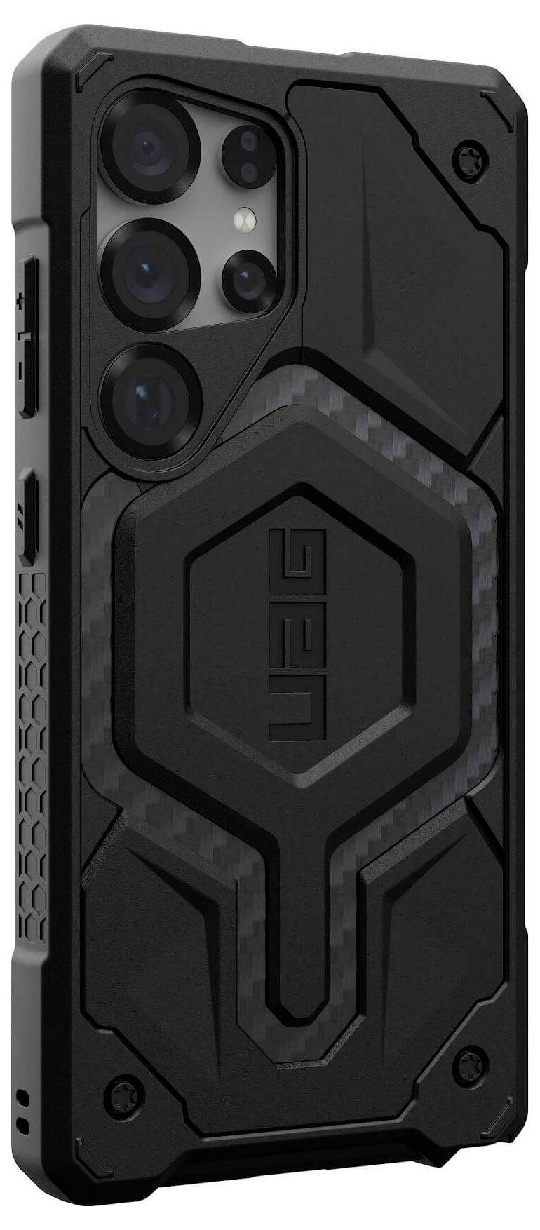 Ein robustes, schwarzes Smartphone-Case mit hexagonalen Mustern und dem Logo 'UAG' in der Mitte. Schutz bietet verstärkte Ecken.